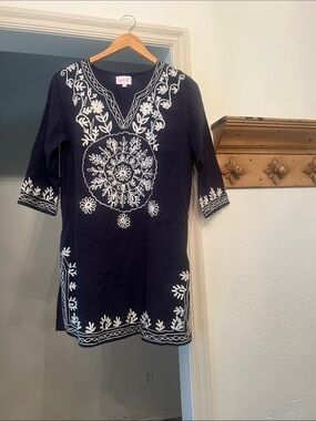 Navy Tunic Dress with White Floral Embroidery Small